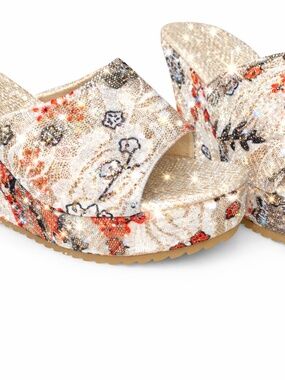 Floral Wedge Sandals Slip On Platform Heels Neutral Cream Red Boho